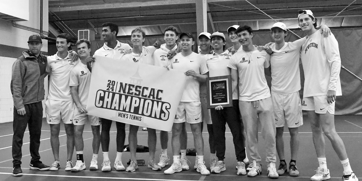 Bowdoin men's tennis holds the NESCAC champs banner and plaque.